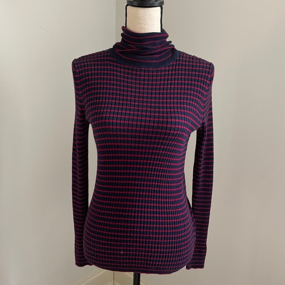 Talbots Ribbed Knit Turtleneck sz Small Red Navy Stripe Preppy Pullover Academia - Picture 1 of 9